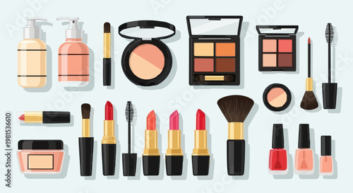 Makeup tools. Beauty cosmetic products in bottles, lipstick, mascara brush, eye shadows, polish and creams. Make up and skin care vector set