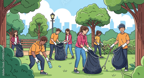 Volunteers cleaning up a park environment together.