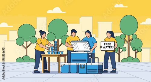 Volunteers distributing free water to people.