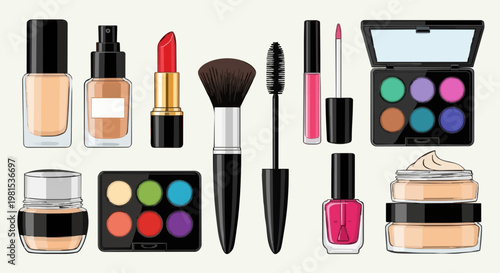 Makeup tools. Beauty cosmetic products in bottles, lipstick, mascara brush, eye shadows, polish and creams. Make up and skin care vector set