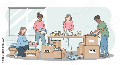 Volunteers sorting donations for charity.