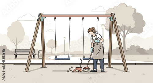 Woman cleaning playground swing set with broom.