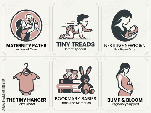Set of 6 Minimalist Maternity and Baby Care Logo Templates for Branding, Infant Apparel, Pregnancy Support, and Boutique Gifts