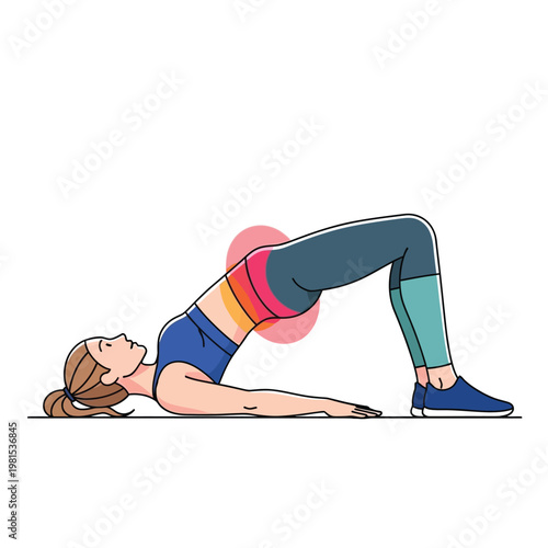 Woman performing a glute bridge exercise with resistance band.