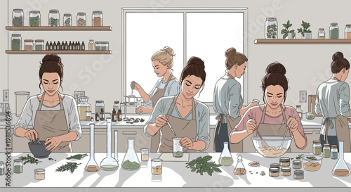 Women engaged in herbalism and natural remedies in a laboratory setting.