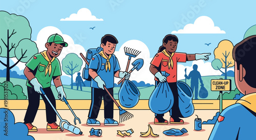 Scouts Cleaning Up Park Environment Together.