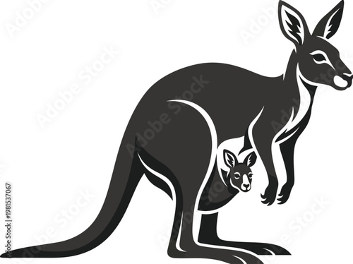 Minimalist Vector Illustration of a Mother Kangaroo with Joey in Pouch, Stylized Black and White Wildlife Logo