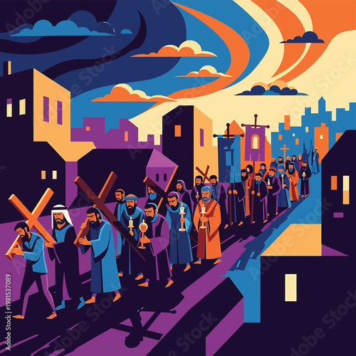 People carrying crosses in procession.