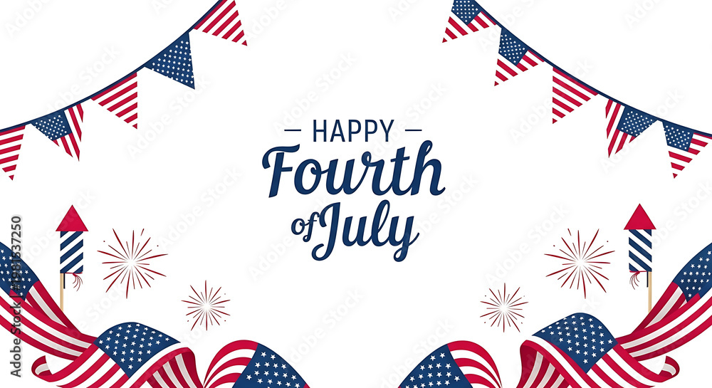 Obraz premium Happy Fourth of July celebration with American flags, bunting, and fireworks.