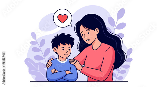 Mother Comforting Sad Child Illustration - Empathy, Parental Support, and Emotional Care for Kids Mental Health