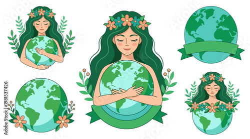 Mother Earth Illustration Set for Earth Day, Ecology and Sustainability Concepts with Gaia Character Hugging Globe and Floral Elements