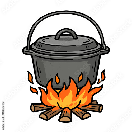 Cartoon Cast Iron Pot over Campfire Illustration
