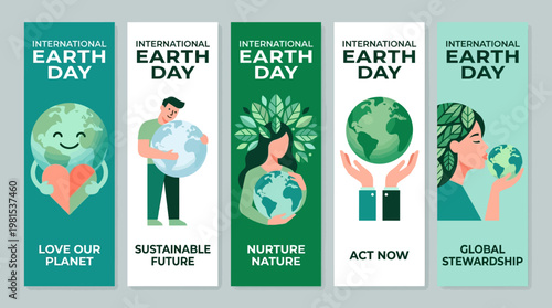 International Earth Day Vertical Banner Set with Flat Vector Illustrations for Environmental Protection, Sustainability, and Nature Conservation Themes