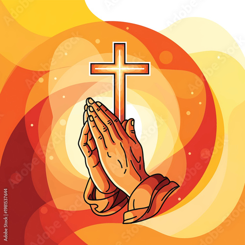 Praying Hands Holding Christian Cross.