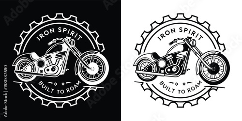 Classic motorcycle emblem design featuring a vintage chopper silhouette inside a gear wheel with bold text for creative branding projects