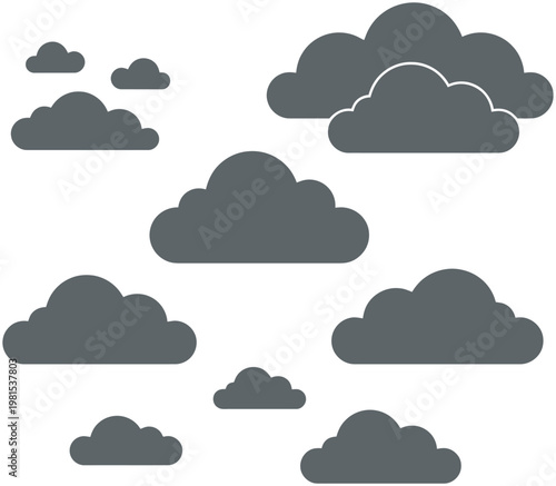 Dark gray cloud silhouettes vector set. Minimalist flat sky elements for storm, weather, and atmosphere designs. Stylized cumulus cloud collection isolated on transparent background.