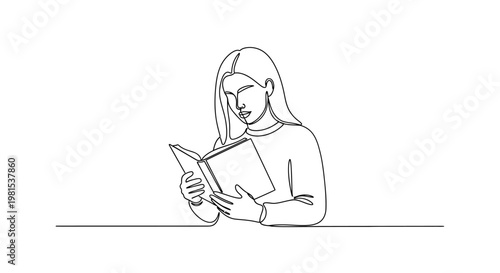 Minimalist Line Art: Woman Reading Book, Focus on Education and Knowledge