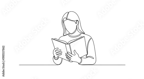 Continuous line drawing of a woman reading a book, minimalist illustration of a person engrossed in literature.