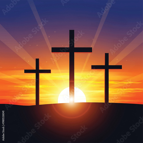 Three crosses on a hilltop silhouette.
