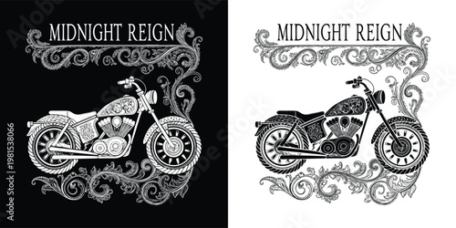 Intricate custom motorcycle artwork showcasing decorative baroque scrolls and the distinctive "Midnight Reign" band or brand identity.