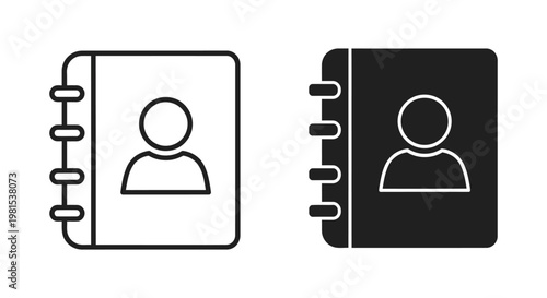 Minimalist address book and contact list icons featuring a person silhouette on the cover, presented in both outline and solid black styles for digital interface design and organization.