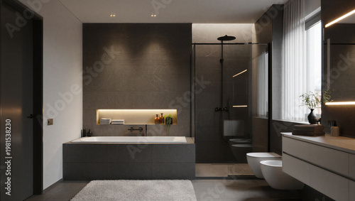 Tableau sur toile Elegant dark tiled bathroom with built in bathtub frameless glass shower modern