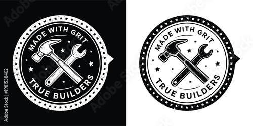 Vintage style logo design featuring crossed hammer and wrench tools for construction companies looking for a classic grit aesthetic emblem