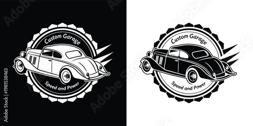 Vintage custom garage logo design featuring a classic car silhouette for automotive enthusiasts seeking a bold and timeless aesthetic style