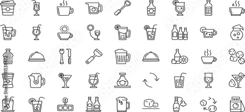 Comprehensive Beverage and Drink Icon Set with Coffee, Cocktails, Beer, Bottles, and Glassware for Restaurant Menus, Apps, UI Design, and Bar Graphics