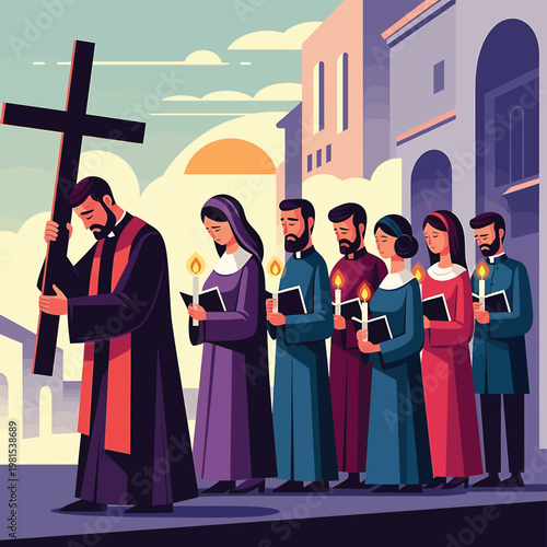 People standing in a religious procession.