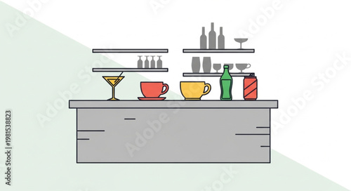 Illustration of a Bar Counter with Drinks and Shelves.