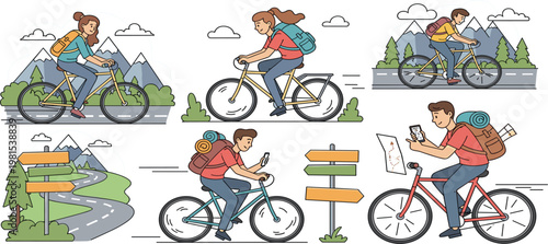Cycling Adventure Illustration Set with People Riding Bicycles, Travel Navigation, Outdoor Exploration and Mountain Road Scenes for Tourism, Fitness and Lifestyle Design