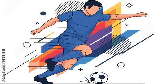 Dynamic Soccer Player Illustration with Abstract Geometric Background, Football Action Pose, Dribbling Motion and Modern Sports Design for Posters, Banners and Digital Media