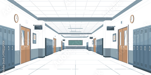 Empty School Hallway Interior Illustration with Lockers, Classroom Doors and Perspective Corridor View for Education Background, Architecture Design and Academic Environment Scene