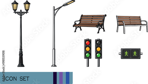 Print Urban Street Furniture and City Infrastructure Vector Icon Set
