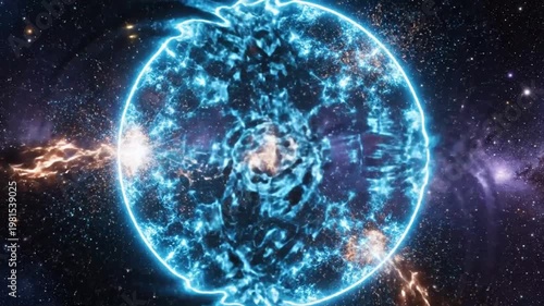 Cosmic Energy Shield Force Field - Blue Plasma Barrier with Orange Impact Explosions in Space
