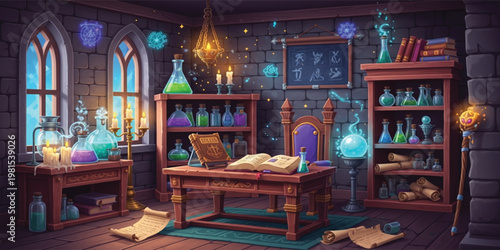 PrintFantasy Magic Alchemy Laboratory Interior with Glowing Potions, Wizard Workspace, Ancient Books, Mystic Symbols, Medieval Room Background for Game Design and Illustration