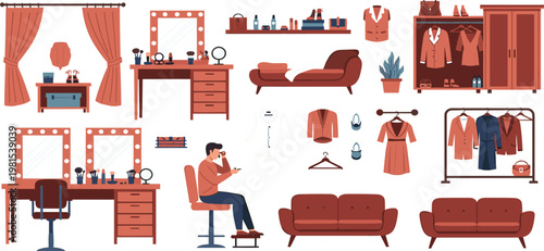 Fashion Dressing Room Illustration Set with Makeup Vanity, Wardrobe, Clothing Rack, Sofa, and Beauty Accessories for Boutique Interior, Styling Studio, and Personal Care Design