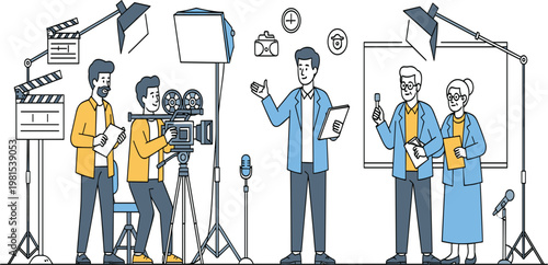 Film Production Team Illustration with Cameraman, Director, Lighting Equipment, and Actors on Set for Video Shooting, Media Creation, and Cinematic Studio Workflow