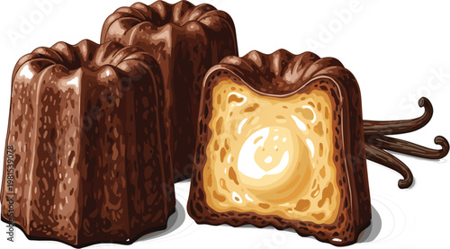 French Canelé Pastry Illustration with Vanilla Custard Filling and Caramelized Crust, Traditional Dessert Food Vector for Bakery, Cafe, Menu, and Gourmet Branding