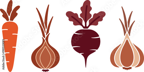 Colorful root vegetables illustration carrots beets and radishes in a minimalist style