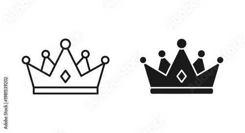 Minimalist crown icon set featuring outline and solid silhouette styles for royal branding, luxury identity, and premium quality symbols in graphic design projects.