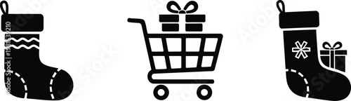 Festive holiday shopping black and white illustration of stockings and a gift filled cart