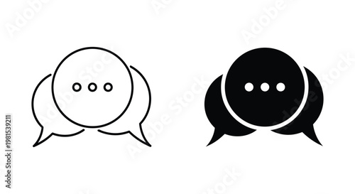 Minimalist chat and messaging icons featuring overlapping speech bubbles with ellipsis dots in outline and solid black styles for web and app design.