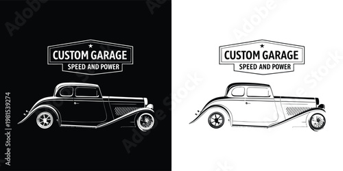 Classic vintage hot rod car silhouette logo design template for an automotive garage shop featuring speed and power theme elements