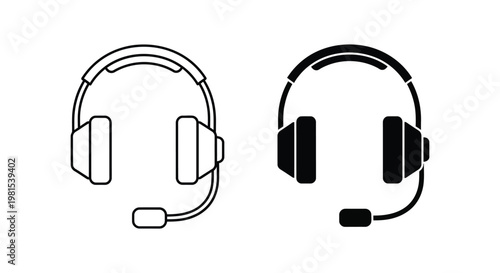 Professional headset icons with microphone in outline and solid black styles for customer support, call center services, and online gaming communication.