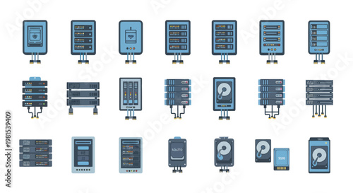 Modern Server Racks and Hard Drives Collection - Technology Icons