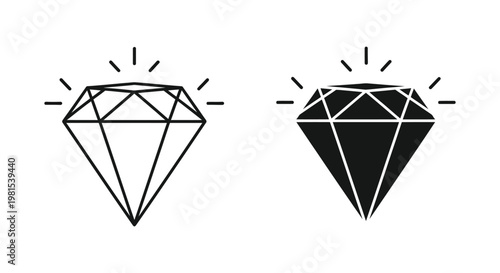 Minimalist diamond icons in outline and solid black styles representing luxury, quality, and brilliance for jewelry branding and web design