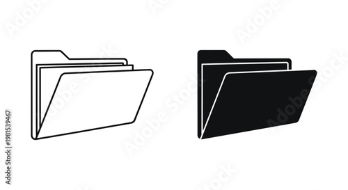 Professional set of open file folder icons in outline and solid black styles, ideal for digital document organization, office management systems, and data storage interface design.