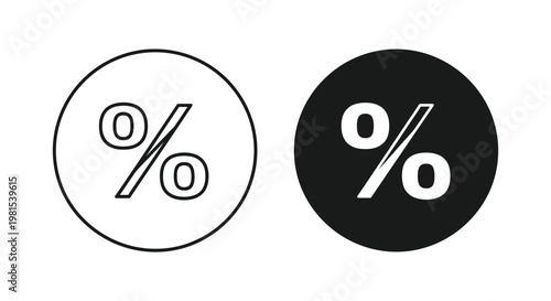 Minimalist black and white percentage icons set in circular frames for e-commerce sales, financial discount promotions, and retail marketing campaigns.